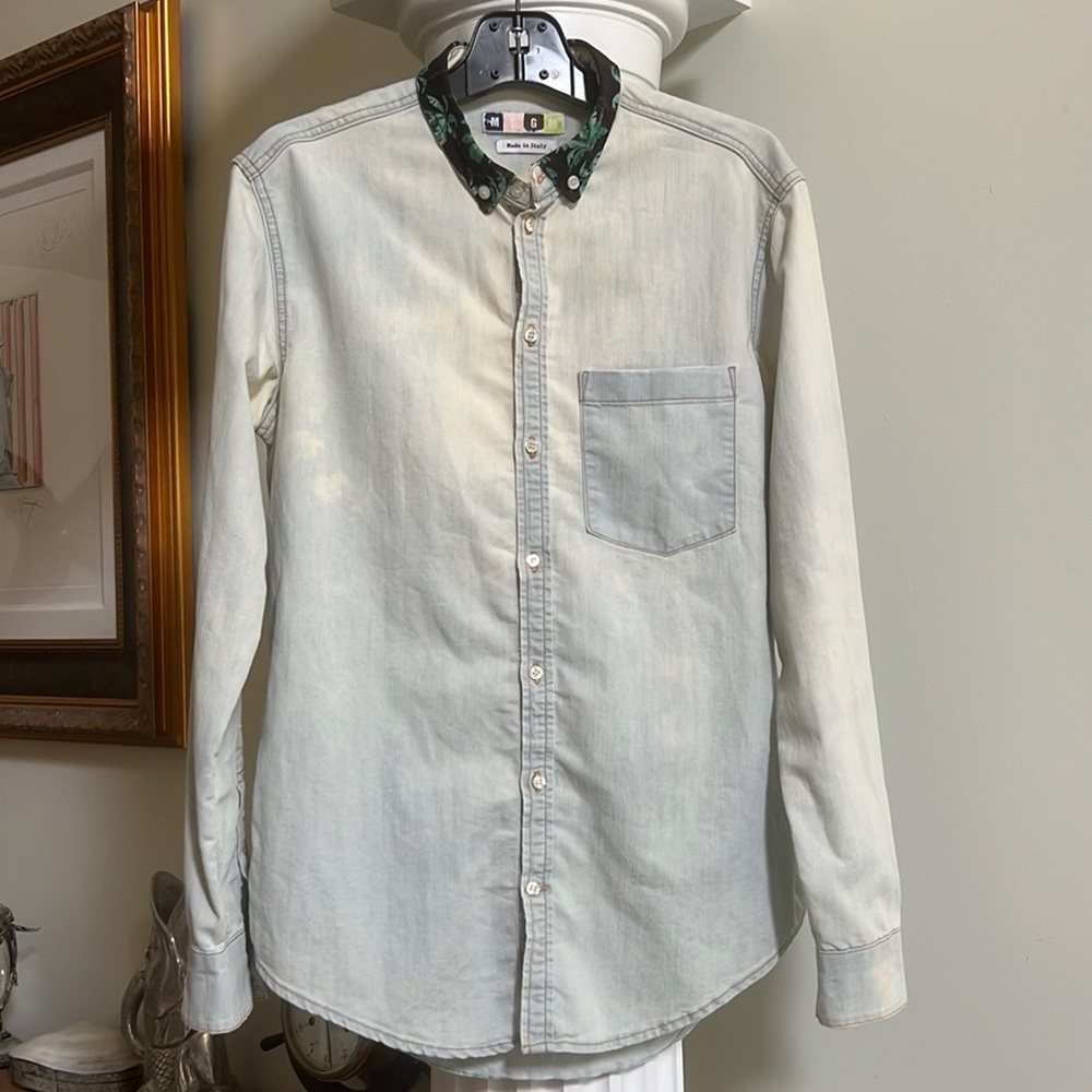 MSGM Distressed Denim Button Down Shirt with Floral Collar-Italy 🇮🇹